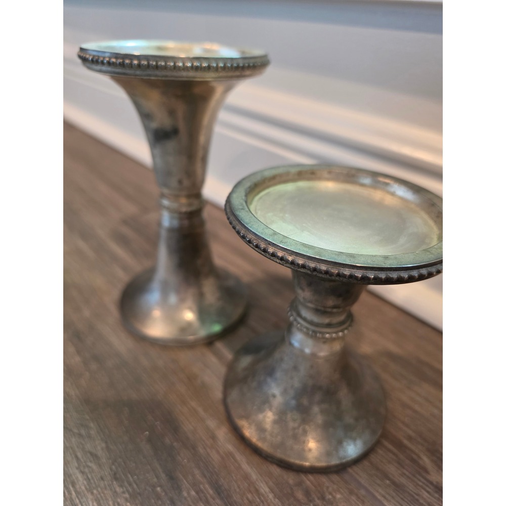 Pottery Barn Vintage Silver Pillar Candle Holders Beaded Trim Set of 2 Staggered